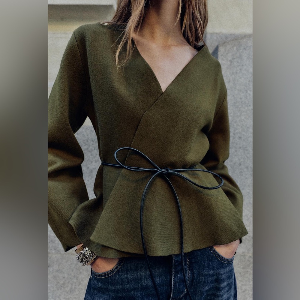 Zara ⚠️ Last Chance Dark Khaki Belted Cardigan Jacket Minimalist Chic NWT medium